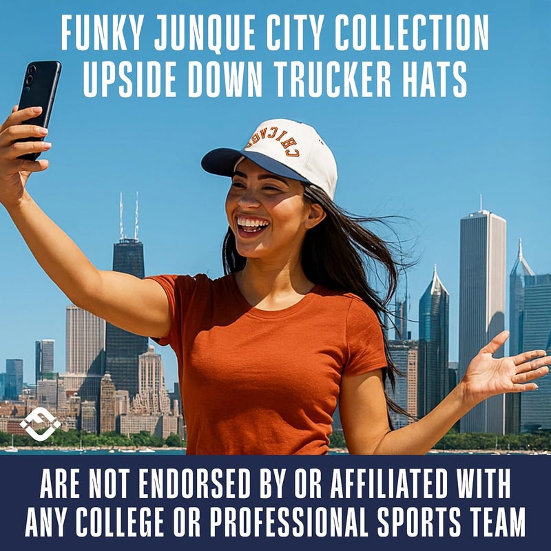 Funky Junque Upside Down City Trucker Hat for Men and Women – Unisex 3D Embroidered Gameday Baseball Cap, Retro Snapback Hats - Image 4